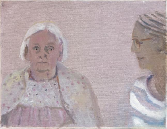 Franziska mit Tante Kaethi, Tertianum, Meilen, 12.9. 2019 Oel auf Acryl auf Leinen 30×39 cm (c) Andrea Muheim