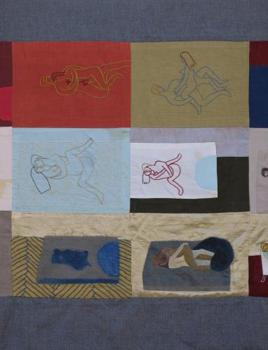 Decke (Ausschnitt) 1998 Textil und Stoffmalfarbe auf diversen Textilien 175×200 cm (c) Andrea Muheim